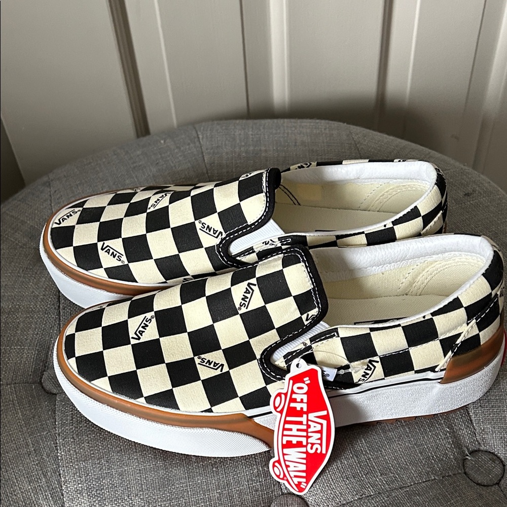 Vans Checkerboard Slip-On Sneakers — Black & Cream with Brown Trim